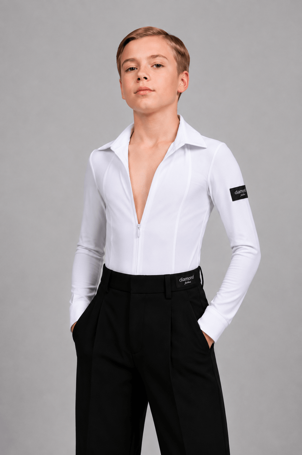 Boys White Ballroom Dance Shirt Bodysuit with Tie M001 | Diamond Fashion sporta deju apģērbs – competition SETs | Diamond Fashion SIA