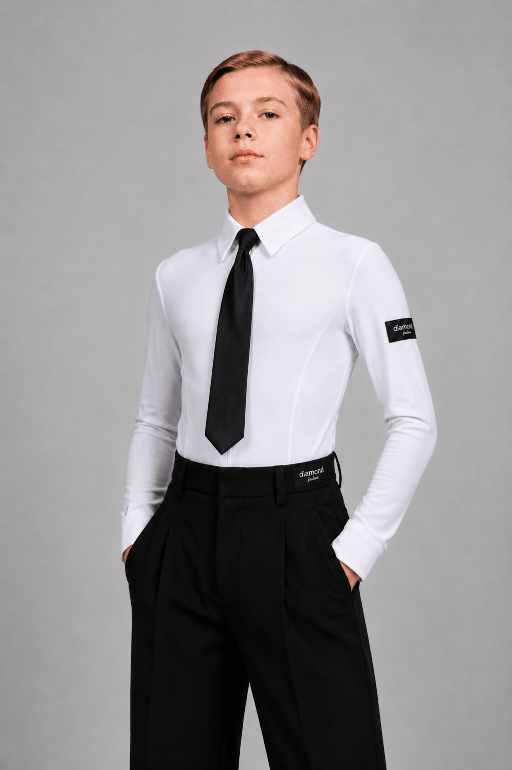 Boys White Ballroom Dance Shirt Bodysuit with Tie M001 | Diamond Fashion sporta deju apģērbs – competition SETs | Diamond Fashion SIA