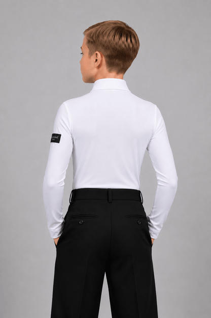 Boys White Ballroom Dance Shirt Bodysuit with Tie M001 | Diamond Fashion sporta deju apģērbs – competition SETs | Diamond Fashion SIA