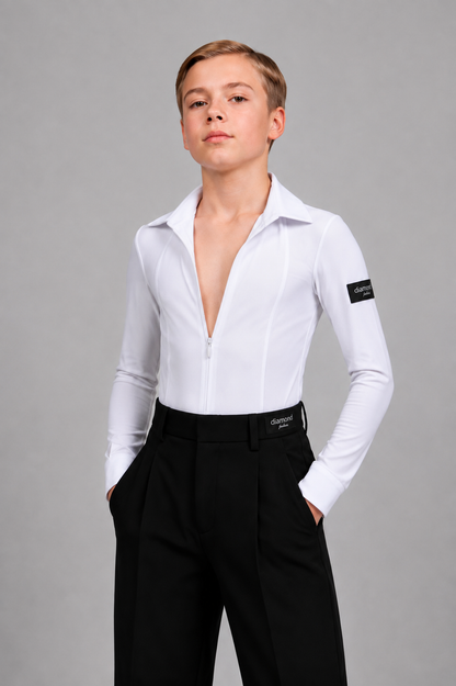 Boy wearing a white Standard Ballroom dance shirt with an open front zipper and black trousers, designed for ballroom training and competitions.