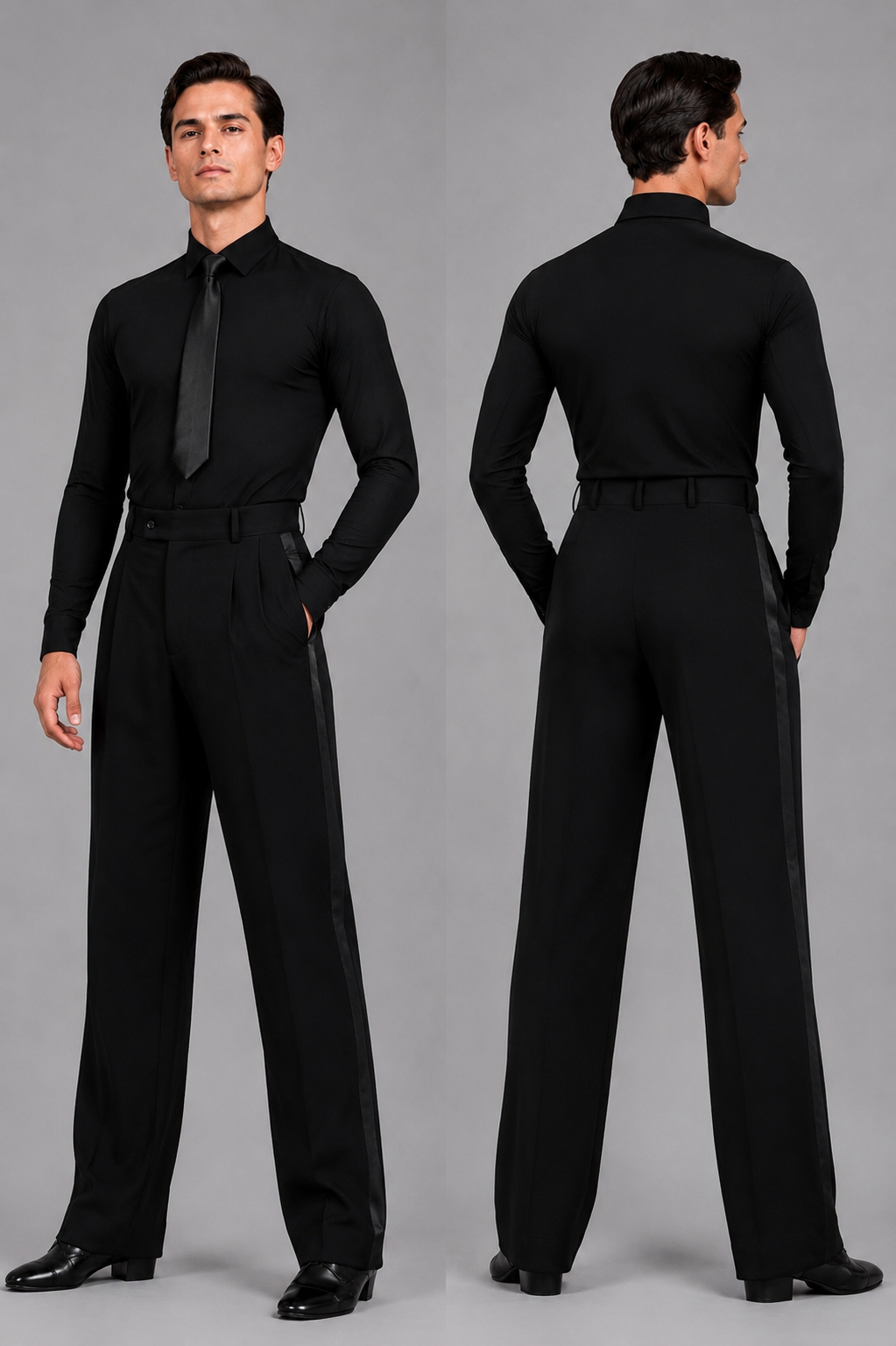 Boys and youth black ballroom dance competition outfit with professional dance shirt, tie and ballroom trousers by Diamond Fashion