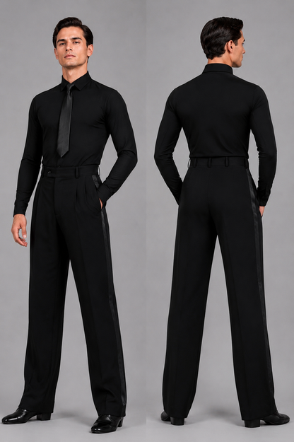 Boys and youth black ballroom dance competition outfit with professional dance shirt, tie and ballroom trousers by Diamond Fashion