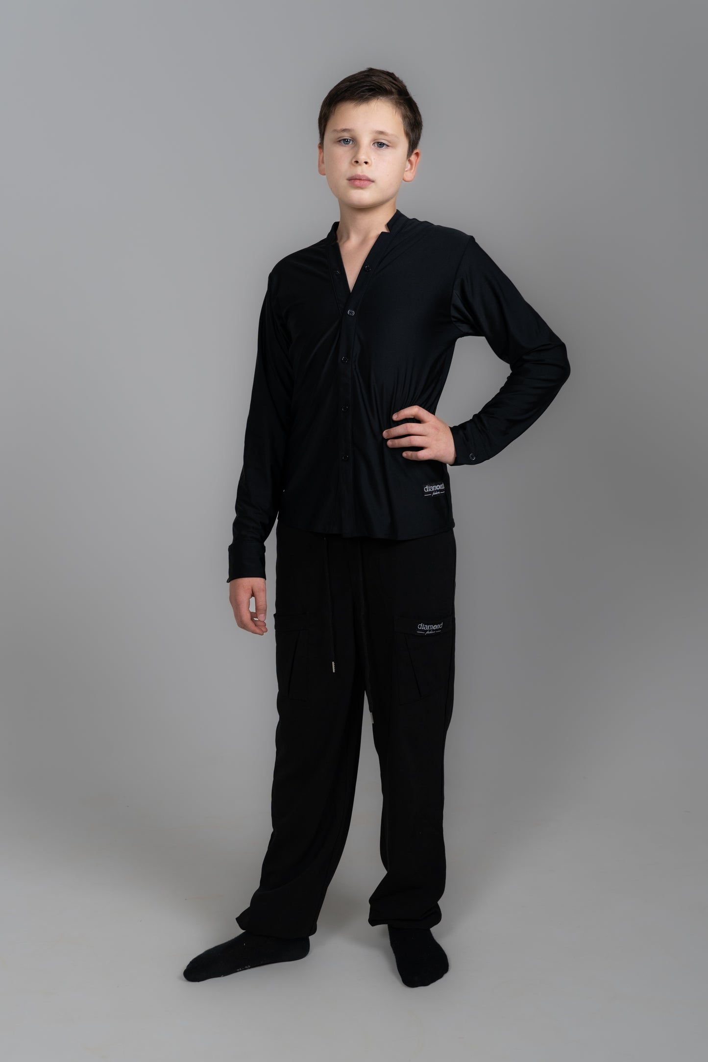 Black boys’ and men’s ballroom dance shirt and trousers set, professional Latin competition outfit – Diamond Fashion