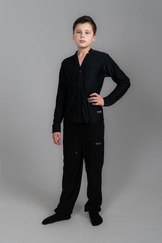 Black boys’ and men’s ballroom dance shirt and trousers set, professional Latin competition outfit – Diamond Fashion