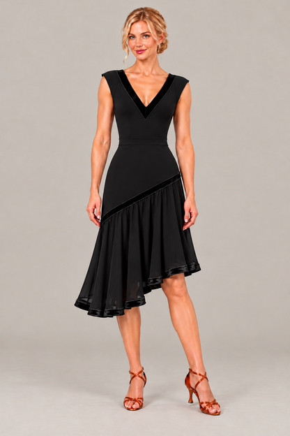 Black women’s ballroom and Latin dance set with a velvet-trimmed V-neck bodysuit and lined asymmetric midi skirt, front view.