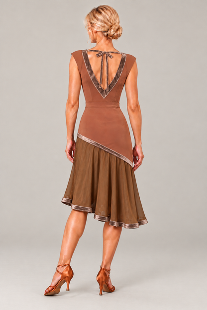 Brown dance set shown from behind, featuring a deep velvet-trimmed V-back, tie ribbons and a flowing asymmetric midi skirt