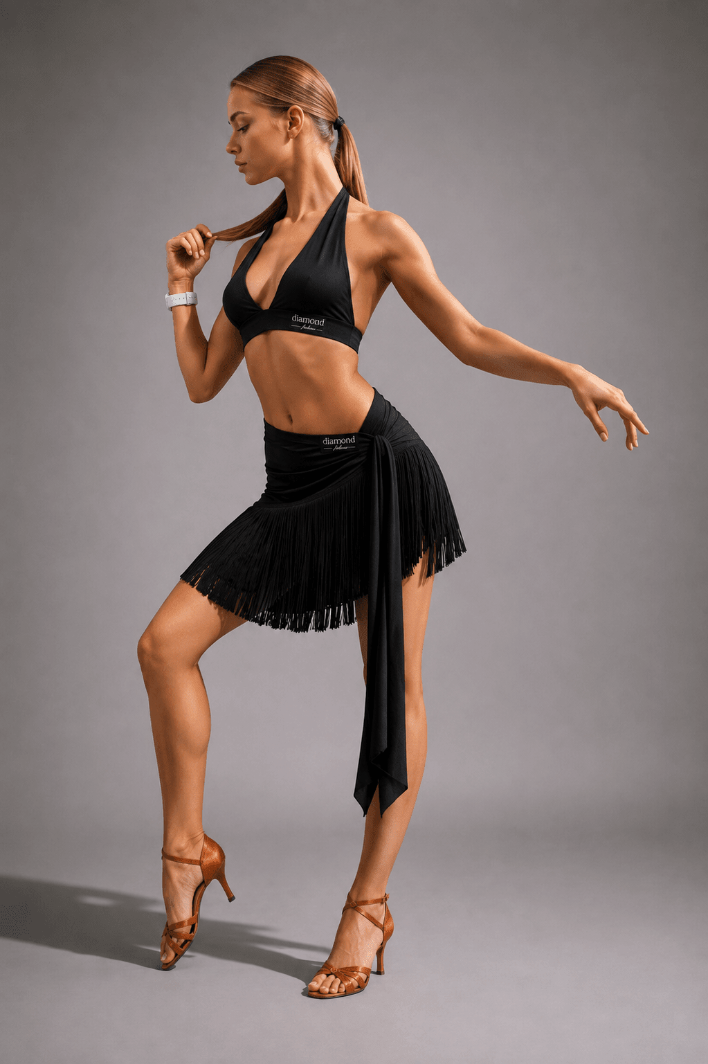 Diamond Fashion Latin Dance Set with Fringe Skirt, Adjustable Top & Wrist Accessories sporta deju apģērbs – Skirt | Diamond Fashion SIA