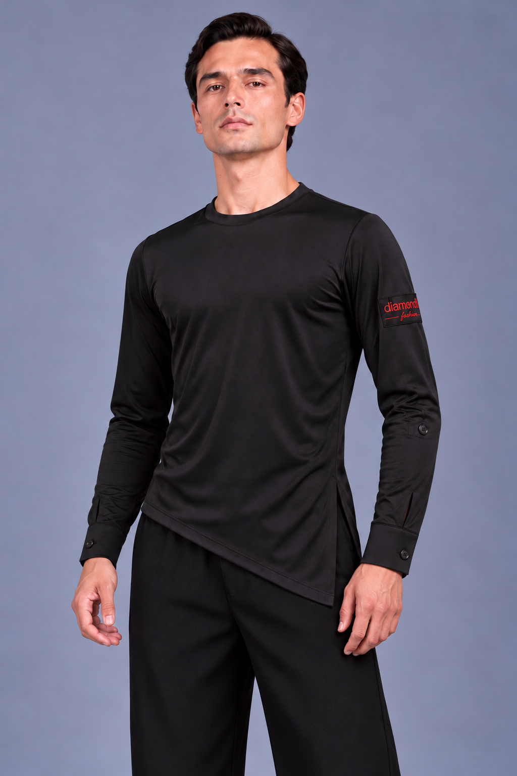 Front view of the Diamond Fashion men’s black Latin and ballroom dance top with an asymmetric hem, side slit and buttoned cuffs.