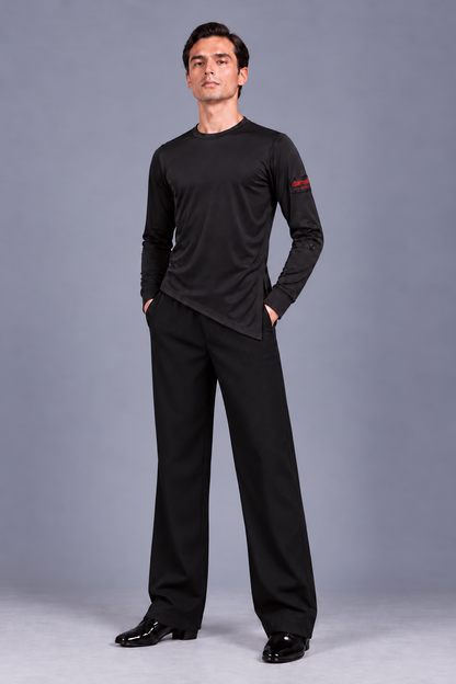 Front view of Diamond Fashion men’s black wide-leg Latin and ballroom dance trousers, styled with an asymmetric long-sleeve dance top.