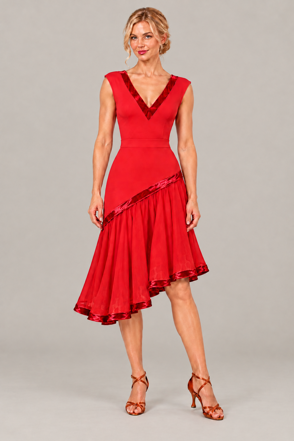 Red women’s ballroom and Latin dance set featuring a velvet-trimmed V-neck bodysuit and a full, lined asymmetric midi skirt.