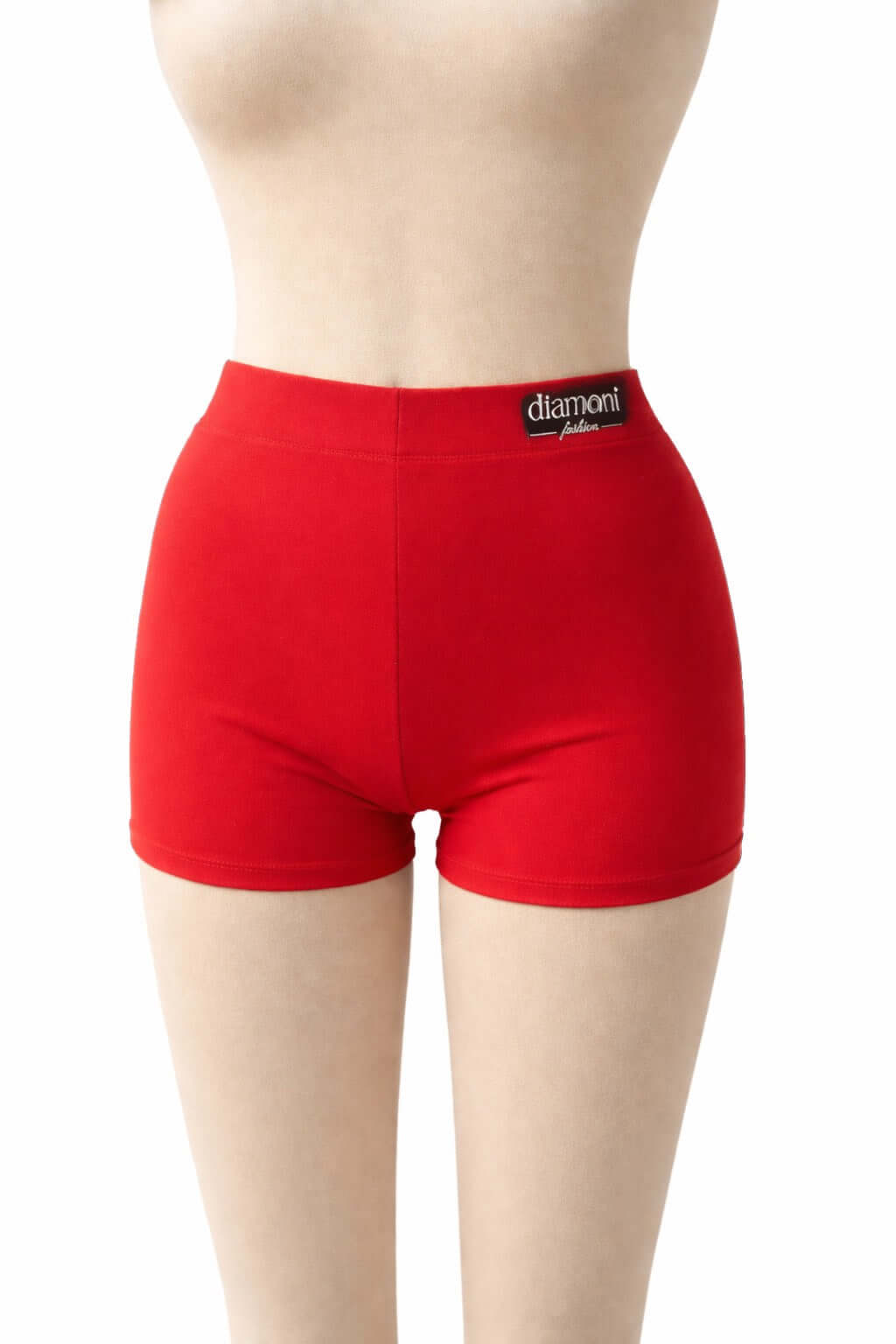 Red Diamond Fashion dance training shorts on mannequin, comfortable fit for training and wearing under dresses, white background
