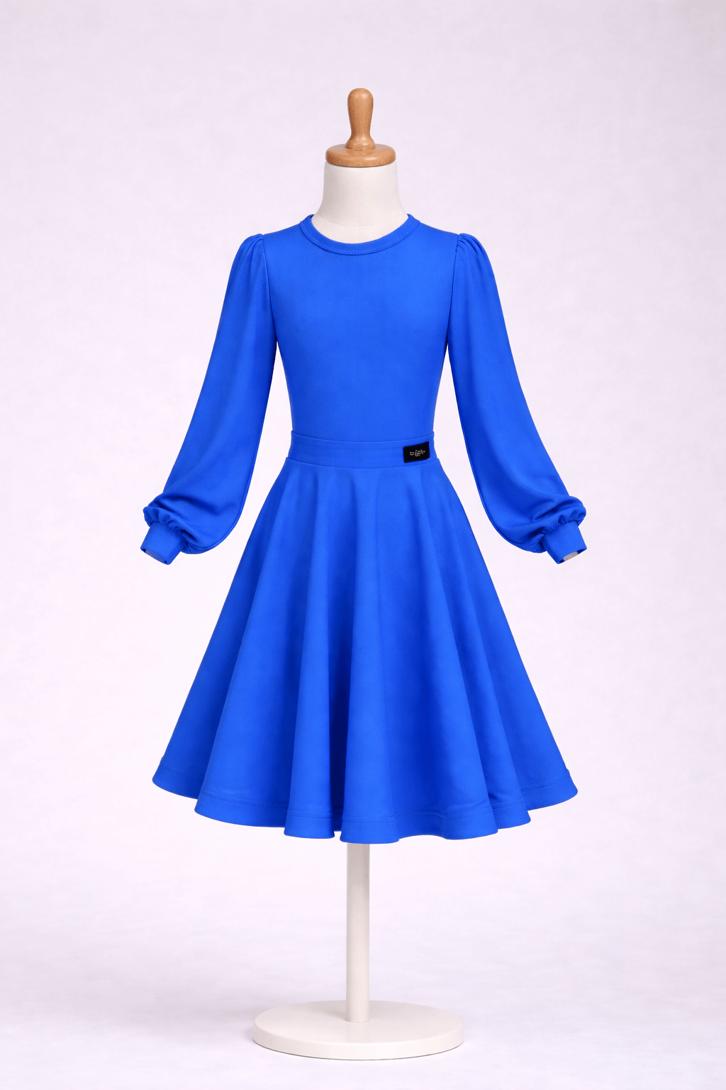 blue color dress juvenile ballroom competition set with bodysuit and 360° knee-length skirt for Latin and Standard dancing
