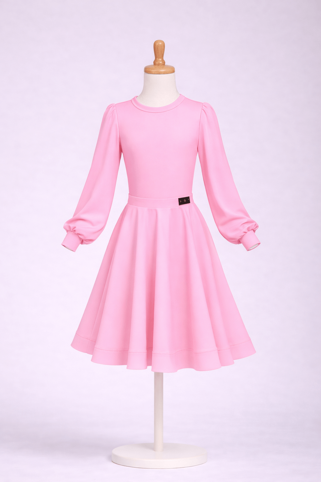 Juvenile ballroom competition dance set with bodysuit and knee-length 360 circle skirt in hot baby pink, WDSF approved, suitable for Latin and Standard