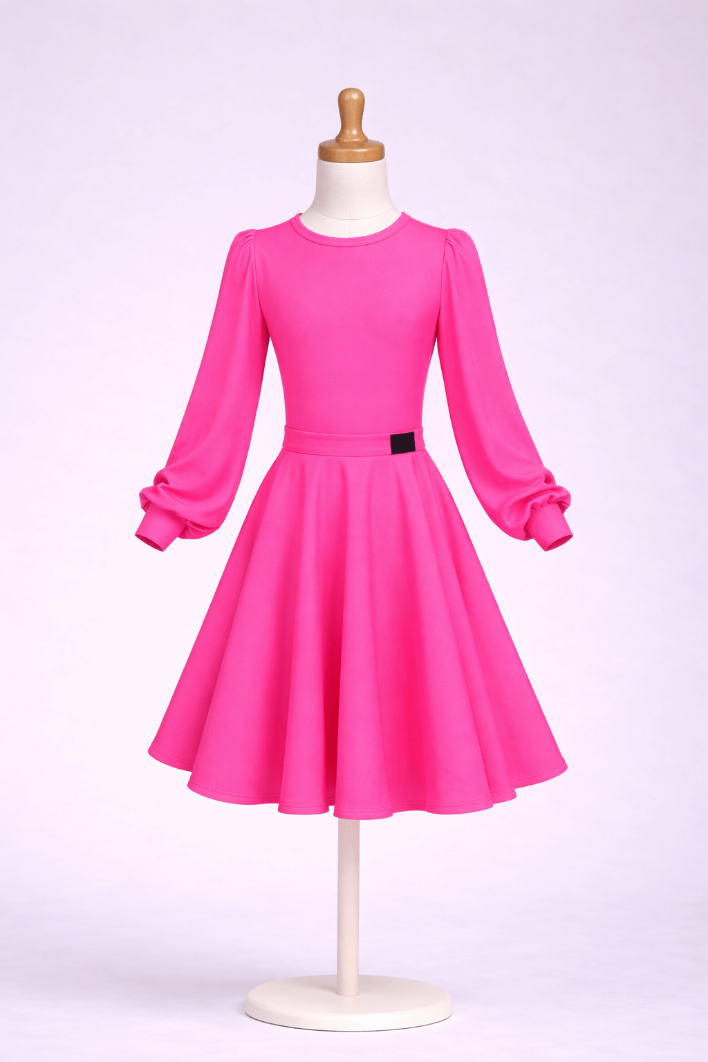 Juvenile ballroom competition dance set with bodysuit and knee-length 360 circle skirt in hot pink, WDSF approved, suitable for Latin and Standard