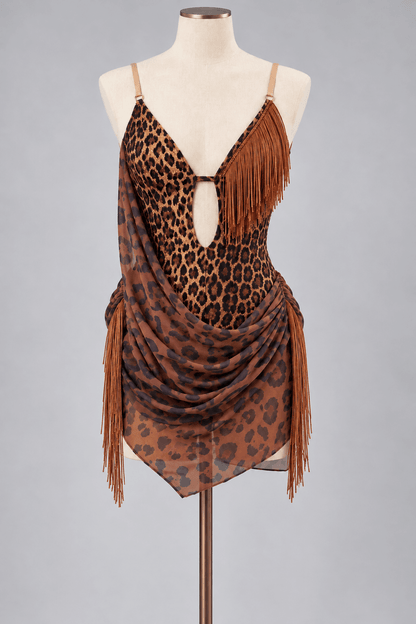 Brown Latin dance practice dress with fringe featuring an elegant leopard print design and flowing skirt.