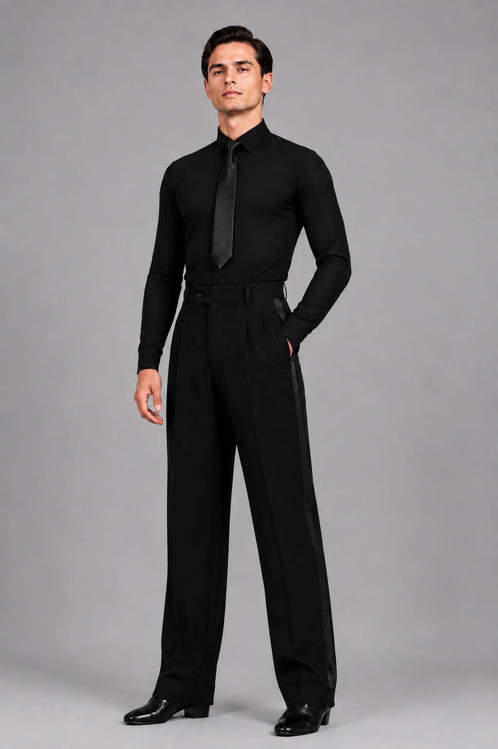 Men’s black ballroom dance competition outfit with long-sleeve dance shirt, black tie and professional ballroom trousers by Diamond Fashion.