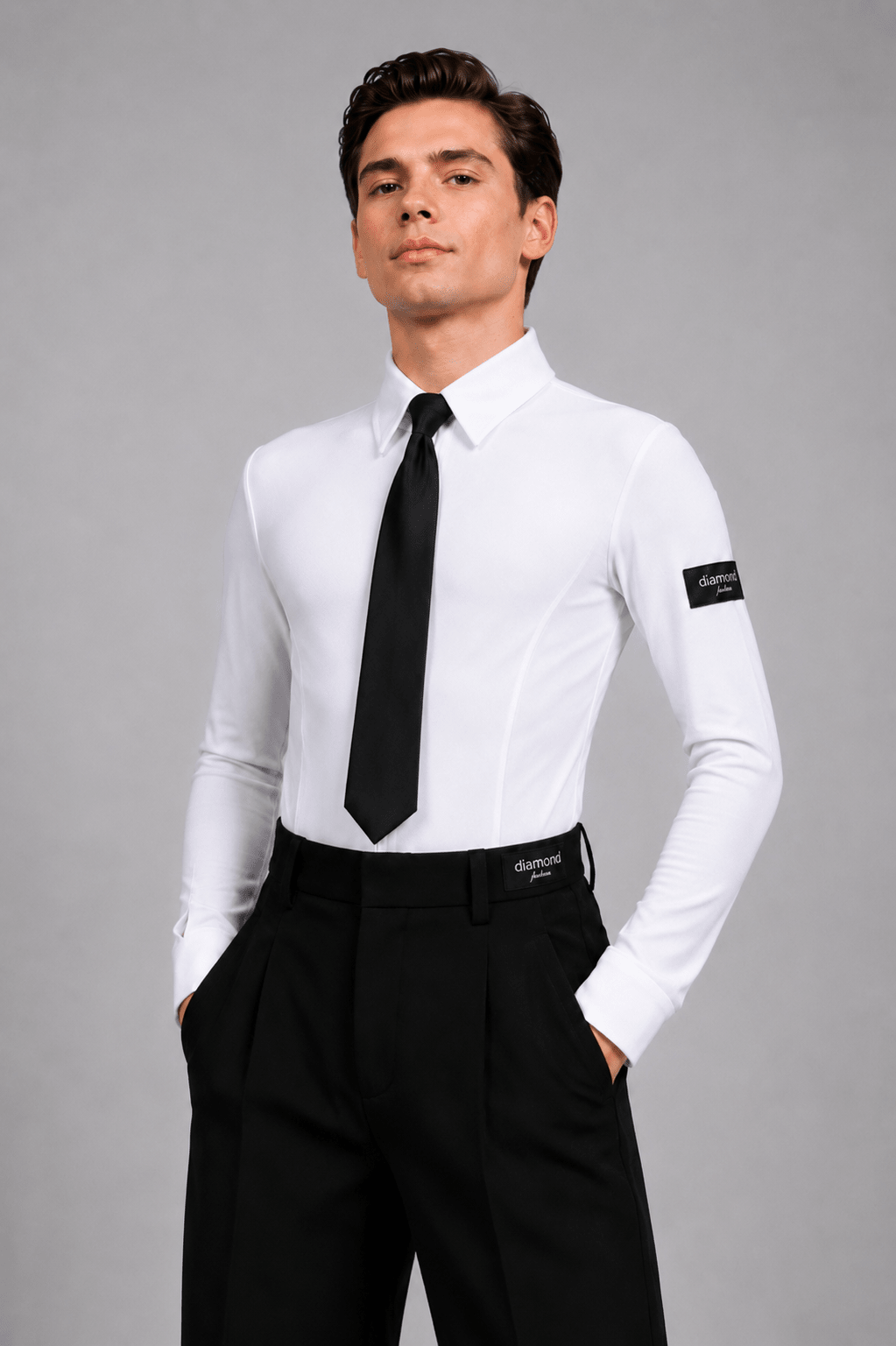 Men’s White Ballroom Dance Shirt Bodysuit – Black Tie Gift Included M001 | Diamond Fashion sporta deju apģērbs – competition SETs | Diamond Fashion SIA
