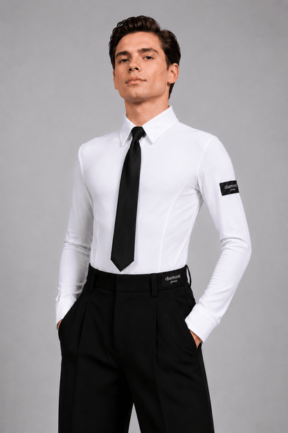 Men’s White Ballroom Dance Shirt Bodysuit – Black Tie Gift Included M001 | Diamond Fashion sporta deju apģērbs – competition SETs | Diamond Fashion SIA