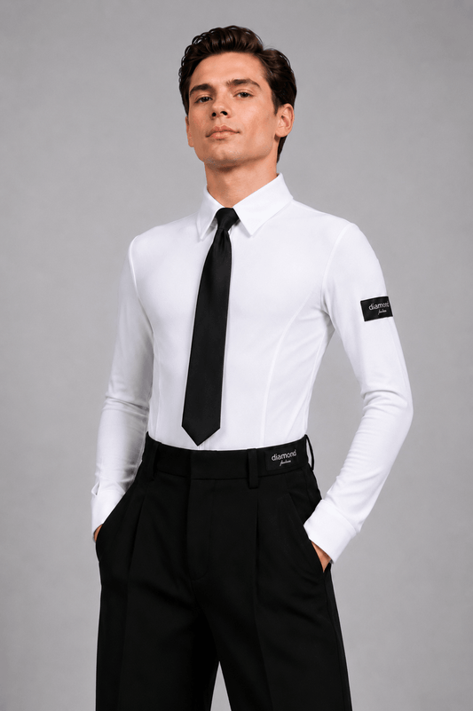 Men’s White Ballroom Dance Shirt Bodysuit – Black Tie Gift Included M001 | Diamond Fashion sporta deju apģērbs – competition SETs | Diamond Fashion SIA