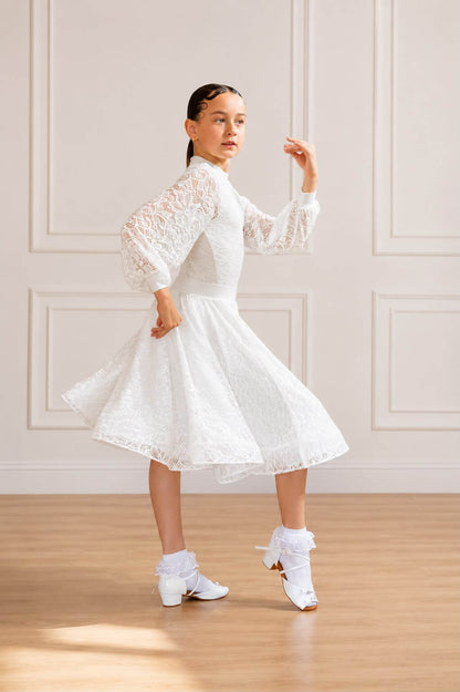 Premium Juvenile Ballroom & Latin Lace Competition Dress | White | Diamond Fashion sporta deju apģērbs – competition SETs | Diamond Fashion SIA