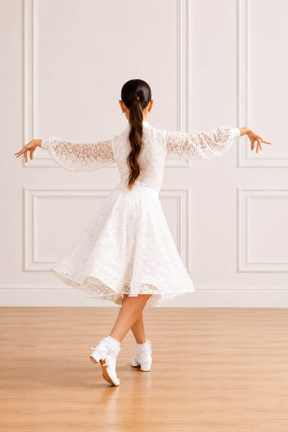 Premium Juvenile Ballroom & Latin Lace Competition Dress | White | Diamond Fashion sporta deju apģērbs – competition SETs | Diamond Fashion SIA
