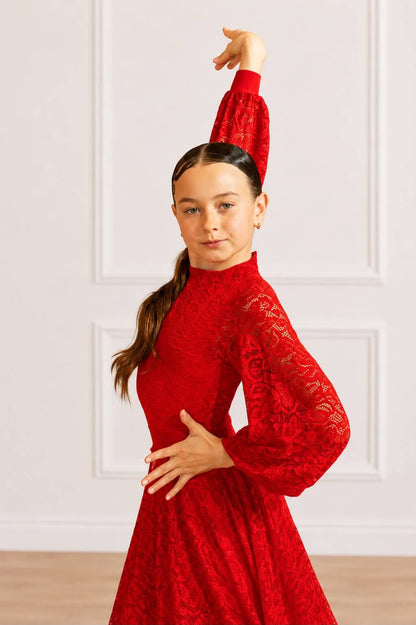 Premium Juvenile Ballroom & Latin Lace Competition Set | Red | Diamond Fashion sporta deju apģērbs – competition SETs | Diamond Fashion SIA