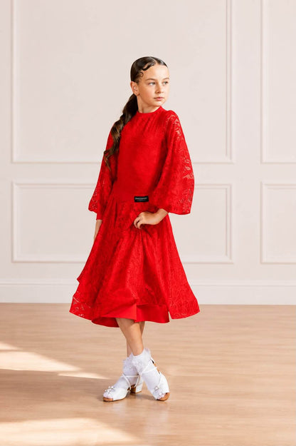 Premium Juvenile Ballroom & Latin Lace Competition Set | Red | Diamond Fashion sporta deju apģērbs – competition SETs | Diamond Fashion SIA