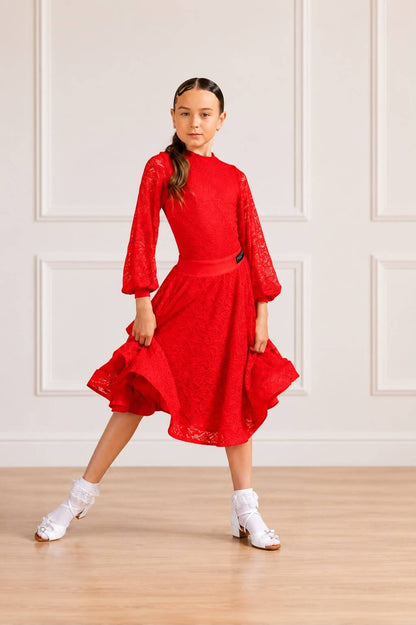 Premium Juvenile Ballroom & Latin Lace Competition Set | Red | Diamond Fashion sporta deju apģērbs – competition SETs | Diamond Fashion SIA