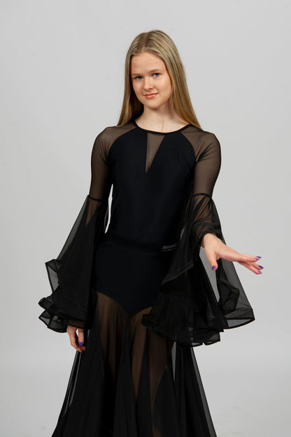 Dance bodysuit featuring elegant long sheer sleeves, perfect for expressive performances.