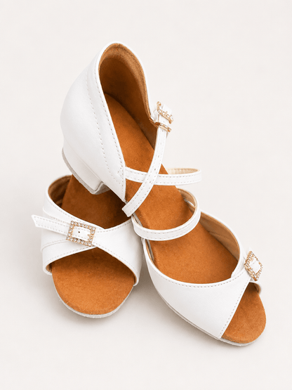 White Low Heel Ballroom Dance Shoes with Adjustable Width | Juvenile Competition Shoes sporta deju apģērbs – Kids’ Latin Ballroom Dance Shoes | Diamond Fashion SIA