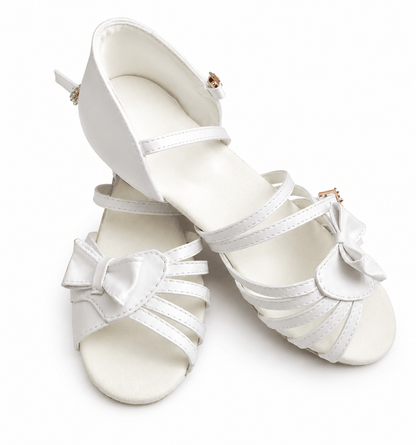 White Low Heel Dance Shoes with Bow Ballroom & Latin Practice & Competition sporta deju apģērbs – Kids’ Latin Ballroom Dance Shoes | Diamond Fashion SIA
