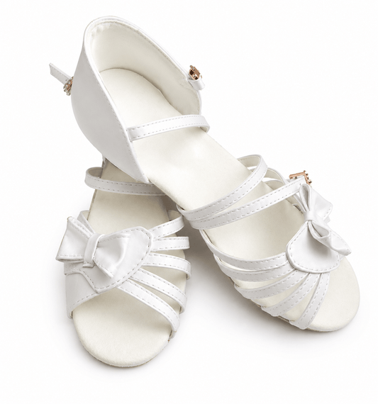 White Low Heel Dance Shoes with Bow Ballroom & Latin Practice & Competition sporta deju apģērbs – Kids’ Latin Ballroom Dance Shoes | Diamond Fashion SIA